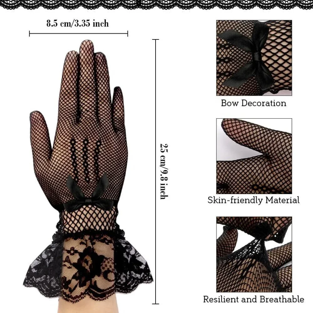 Women's A-Black Halloween Tea Short Lace Gloves Elegant Bridal Cosplay Party